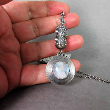 Shambala, Argentium Sterling Silver And Moonstone Pendant, One Of A Kind Statement Necklace