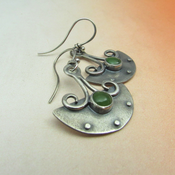 Urban Tribal Argentium Sterling Silver And Nephrite Jade Earrings, Small Statement Earrings