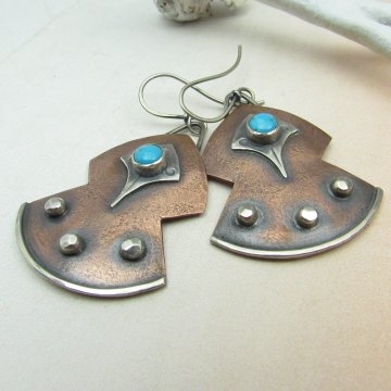 Artisan Mixed Metal Earrings With Kingman Turquoise, Copper And Sterling Silver Tribal Inspired Design