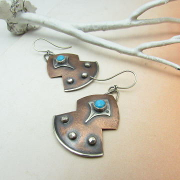 Artisan Mixed Metal Earrings With Kingman Turquoise, Copper And Sterling Silver Tribal Inspired Design