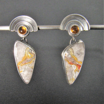 Sun and Earth, Sterling Silver, Citrine And Agate Earrings, One Of A Kind