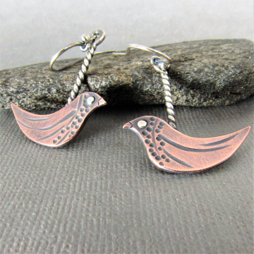 Mixed Metal Silver And Copper Bird Earrings, Whimsical, Lightweight And Fun To Wear