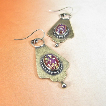Sparkly Pink Earrings, Vintage Glass Cabochon, Sterling Silver And Bronze Earrings, Boho And Exotic