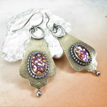 Sparkly Pink Earrings, Vintage Glass Cabochon, Sterling Silver And Bronze Earrings, Boho And Exotic