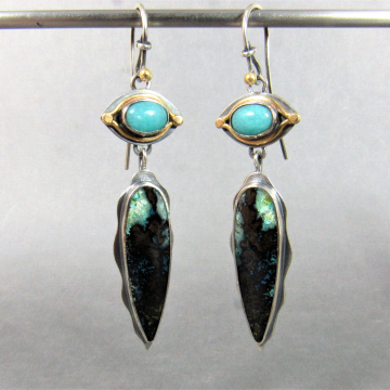 Opalized Wood, Amazonite, Argentium Sterling Silver And 18 Karat Gold Pendulum Earrings, One Of A Kind Artisan Jewelry