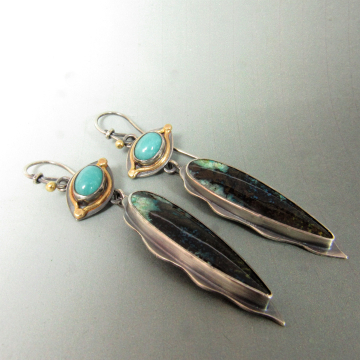 Opalized Wood, Amazonite, Argentium Sterling Silver And 18 Karat Gold Pendulum Earrings, One Of A Kind Artisan Jewelry