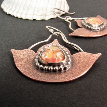 Art Deco Sterling Silver And Copper Lotus Earrings, Mixed Metal And Vintage Cabochons