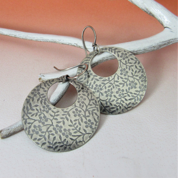 Floral Pattern Sterling Silver Gypsy Hoop Earrings, Everyday Minimalist Earrings