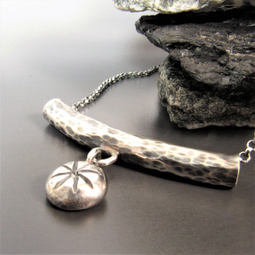 Rustic Hammered Sterling Silver Tube Necklace With Large Silver Nugget