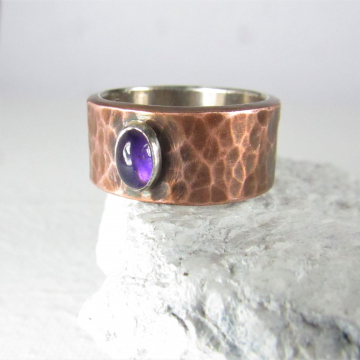 Size 6 Fine Silver Lined Copper Ring With Amethyst, Handcrafted Mixed Metal Jewelry By Mocahete