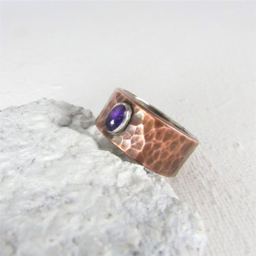 Size 6 Fine Silver Lined Copper Ring With Amethyst, Handcrafted Mixed Metal Jewelry By Mocahete