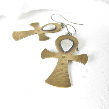 Handcrafted Bronze And Sterling Silver Ankh Earrings, Egyptian Inspired Jewelry