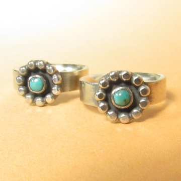 Sterling Silver Turquoise Ring Rustic Flower Southwest Size 7 or 7.5 Wide Band,