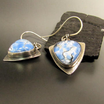 Icy Blue Earrings With Vintage Japanese Opal Glass Cabochon And Argentium Sterling Silver