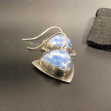 Icy Blue Earrings With Vintage Japanese Opal Glass Cabochon And Argentium Sterling Silver