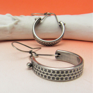 Patterned Sterling Silver Dangle Hoop Earrings, Versatile Everyday Earrings