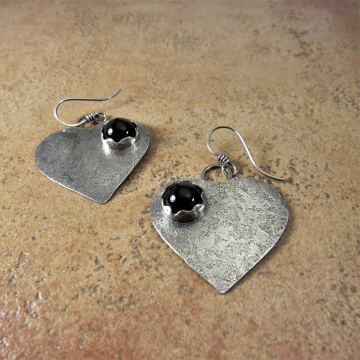 Large Black Onyx Heart Earrings, Argentium Sterling Silver