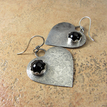 Large Black Onyx Heart Earrings, Argentium Sterling Silver