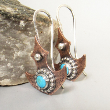 Mixed Metal Turquoise Earrings With Tribal Flair, Copper And Argentium Sterling Silver