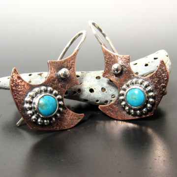 Mixed Metal Turquoise Earrings With Tribal Flair, Copper And Argentium Sterling Silver
