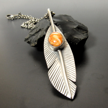 Argentium Silver Feather Pendant With Orange Spiny Oyster, Unisex Free Spirited Jewelry With A Southwestern Vibe