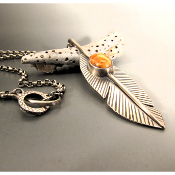 Argentium Silver Feather Pendant With Orange Spiny Oyster, Unisex Free Spirited Jewelry With A Southwestern Vibe