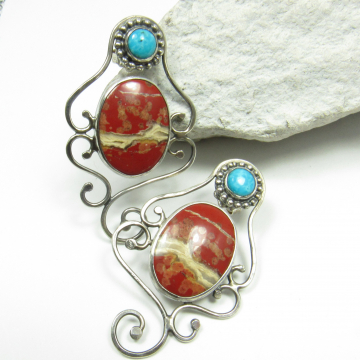 Statement Earrings, Red River Jasper And Turquoise Earrings, One Of A Kind Large Sterling Silver And Stone Post Back Earrings, Artisan Made Jewelry