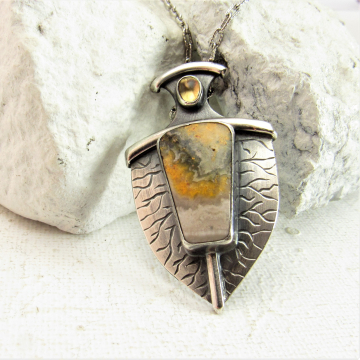 Argentium Sterling Silver, Citrine And Bumble Bee Jasper Pendant Necklace, One Of A Kind Jewelry By Mocahete