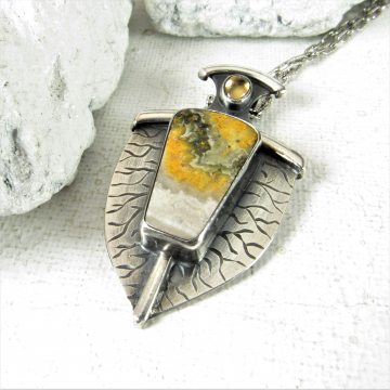 Argentium Sterling Silver, Citrine And Bumble Bee Jasper Pendant Necklace, One Of A Kind Jewelry By Mocahete
