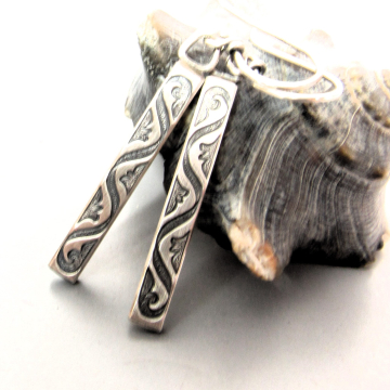 Sterling Silver Elegant Stick or Bar Earrings With Swirl Pattern, Rectangular Geometric Design