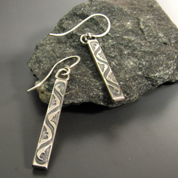 Sterling Silver Elegant Stick or Bar Earrings With Swirl Pattern, Rectangular Geometric Design