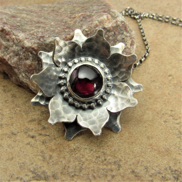 Red Lotus Necklace, Argentium Sterling Silver And Garnet Flower Pendant, Romantic Jewelry