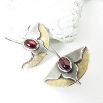 Garnet Earrings, Bronze And Sterling Silver Mixed Metal Lotus Flower Earrings