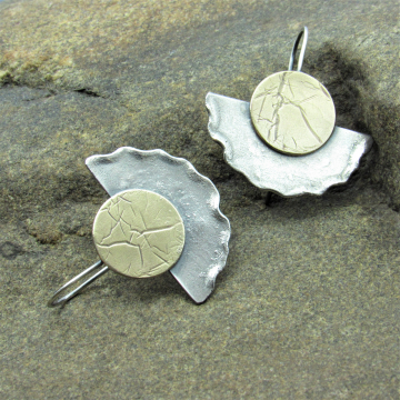 Ancient Artifact Earrings, Bronze And Sterling Silver Disk And Fan Earrings by Mocahete
