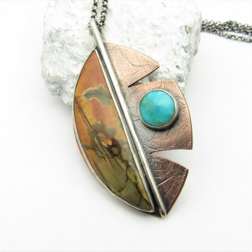Cherry Creek Jasper And Turquoise Leaf Necklace In Sterling Silver And Copper, One Of A Kind Artisan Jewelry