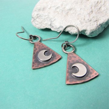 Copper And Sterling Silver Trapezoid Moon Earrings, Mixed Metal Lunar Jewelry By Mocahete