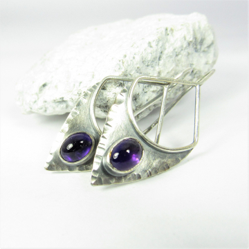 Amethyst Earrings In Argentium Sterling Silver With An Urban, Tribal Spirit, Shield Shape