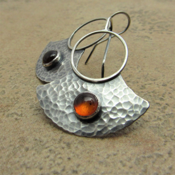Sterling Silver And Amber Earrings, Modern Metalsmith Rustic Handcrafted Jewelry For The Bohemian Spirit