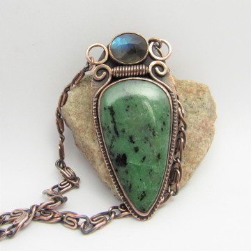 Solid Copper Necklace With Zoisite And Labradorite, One Of A Kind Pendant Necklace By Mocahete