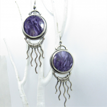 Argentium Sterling Silver Earrings With Purple Charoite Cabochons And Curvy Silver Fringe, Exotic Earrings