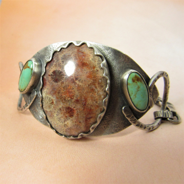 Turquoise And Fossil Coral Bracelet, One Of A Kind Argentium Sterling Silver Designer Bracelet
