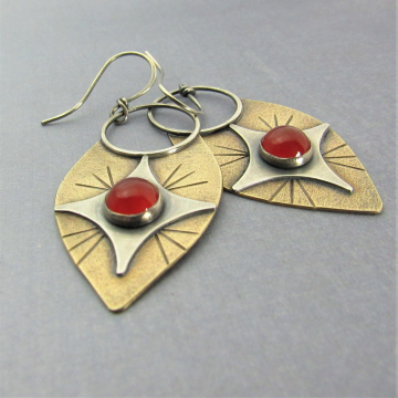 Sterling Silver, Bronze And Carnelian Earrings, Large Statement Earrings, Contemporary Mixed Metal Shield Design