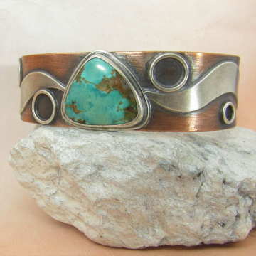 Sterling Silver, Copper And Turquoise Cuff Bracelet By Mocahete, One Of A Kind Mixed Metal Cuff