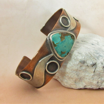 Sterling Silver, Copper And Turquoise Cuff Bracelet By Mocahete, One Of A Kind Mixed Metal Cuff