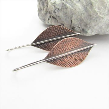 Long Mixed Metal Leaf Earrings, Copper And Argentium Sterling Silver Two Tone Botanical Jewelry By Mocahete