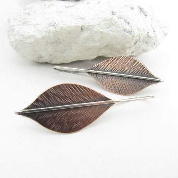 Long Mixed Metal Leaf Earrings, Copper And Argentium Sterling Silver Two Tone Botanical Jewelry By Mocahete