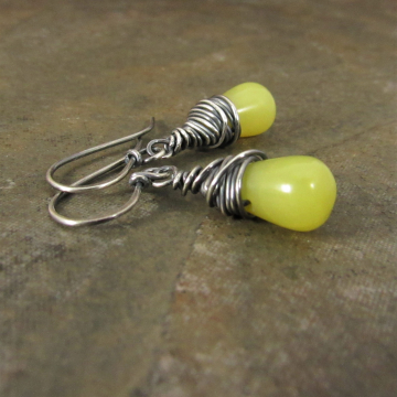 Wire Wrapped Sterling Silver And Citrusy Serpentine Drop Earrings