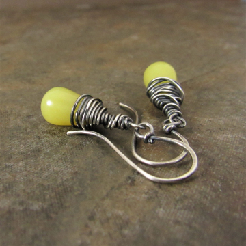 Wire Wrapped Sterling Silver And Citrusy Serpentine Drop Earrings