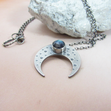Upside Down Argentium Sterling Silver And Labradorite Crescent Moon Pendant Necklace