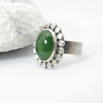 Size 7 or Size 8 Sterling Silver And Nephrite Jade Ring By Mocahete, Deep Green Stone Ring, Artisan Jewelry
